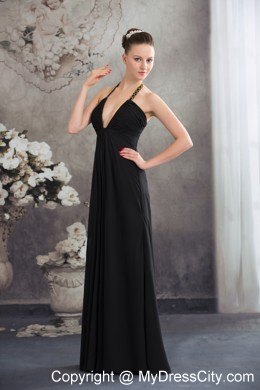 Sexy Black Halter Top Neck Long Beading Empire Prom Dress