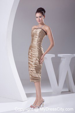 Champagne Knee-length Ruching and Beading Prom Dress