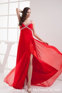 Red Straps Empire Beaded Long Prom Dress with High Slit