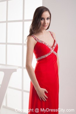 Red Straps Empire Beaded Long Prom Dress with High Slit