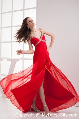 Red Straps Empire Beaded Long Prom Dress with High Slit