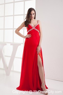 Red Straps Empire Beaded Long Prom Dress with High Slit