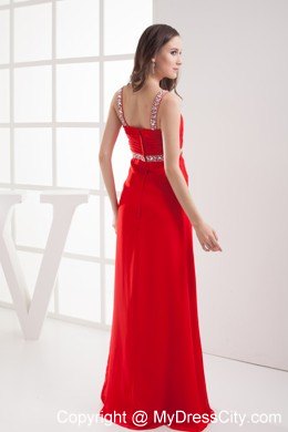 Red Straps Empire Beaded Long Prom Dress with High Slit