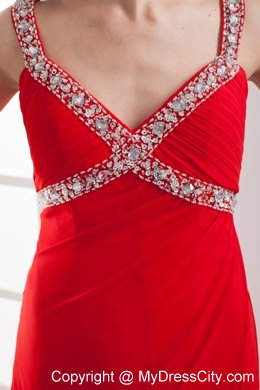 Red Straps Empire Beaded Long Prom Dress with High Slit