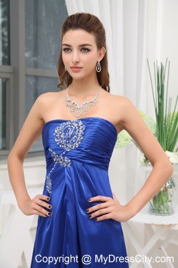 Blue Elastic Woven Satin Beaded Slit Prom Dress