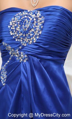 Blue Elastic Woven Satin Beaded Slit Prom Dress