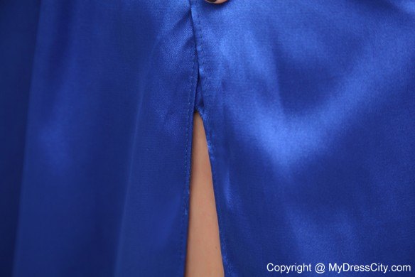 Blue Elastic Woven Satin Beaded Slit Prom Dress