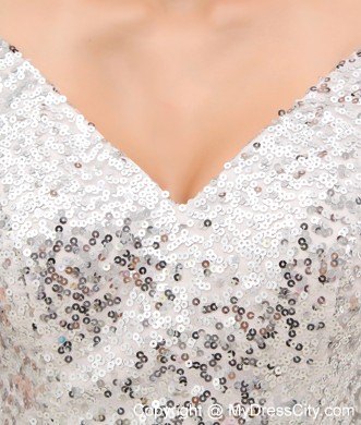 Sequined Mini-length V-neck Prom Dress with Sleeves