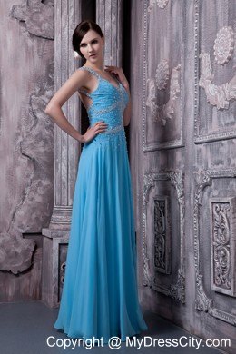 Blue Beaded Prom Dress with Wide Straps for Girls