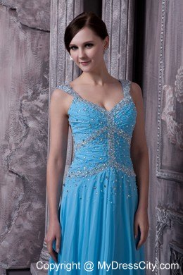 Blue Beaded Prom Dress with Wide Straps for Girls