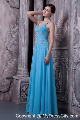 Blue Beaded Prom Dress with Wide Straps for Girls