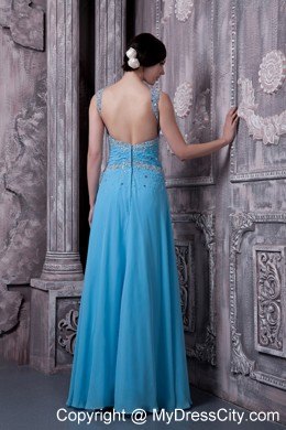 Blue Beaded Prom Dress with Wide Straps for Girls