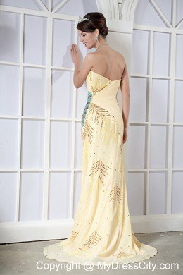 Sequined Light Yellow Sweetheart Chiffon Prom Dress with Slit