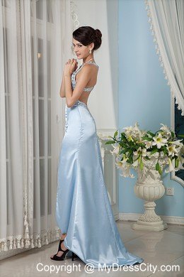 Light Blue Halter Top Beading Prom Gown with Brush Train