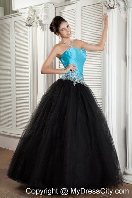 Sweetheart Blue and Black Appliqued A-line Prom Dress