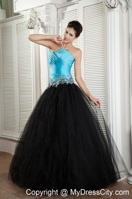 Sweetheart Blue and Black Appliqued A-line Prom Dress