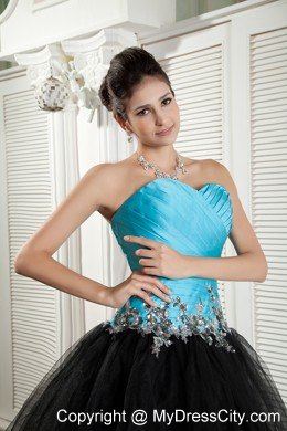 Sweetheart Blue and Black Appliqued A-line Prom Dress