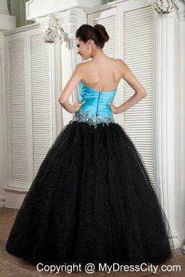 Sweetheart Blue and Black Appliqued A-line Prom Dress