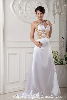 White Halter Top Beaded Princess Prom Dresses with Train