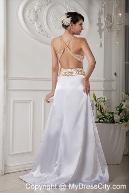 White Halter Top Beaded Princess Prom Dresses with Train