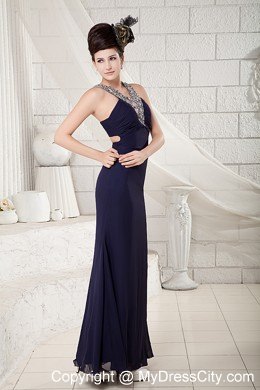 Navy Blue V-neck Beading Evening Dress Ankle-length