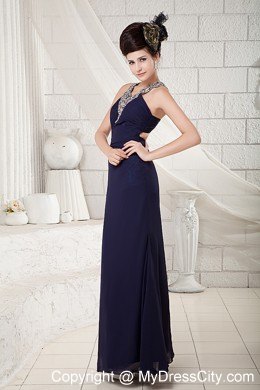 Navy Blue V-neck Beading Evening Dress Ankle-length