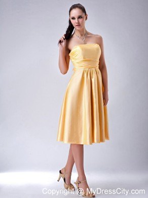 Satin Gold Ruched Prom Homecoming Dress with Big Bow on Back