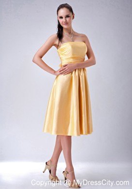 Satin Gold Ruched Prom Homecoming Dress with Big Bow on Back