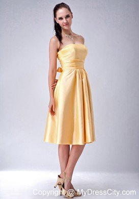 Satin Gold Ruched Prom Homecoming Dress with Big Bow on Back