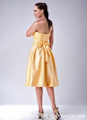 Satin Gold Ruched Prom Homecoming Dress with Big Bow on Back