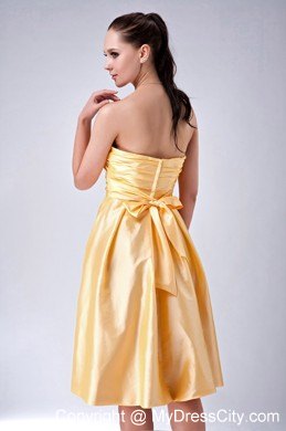 Satin Gold Ruched Prom Homecoming Dress with Big Bow on Back