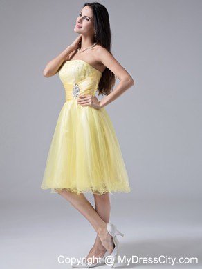 Beaded Ruching Light Yellow Homecoming Cocktail Dress Organza