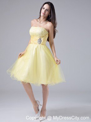 Beaded Ruching Light Yellow Homecoming Cocktail Dress Organza