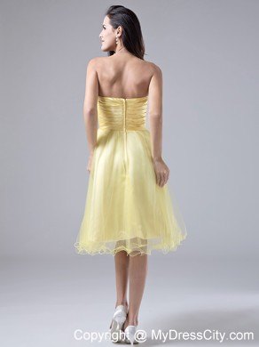 Beaded Ruching Light Yellow Homecoming Cocktail Dress Organza