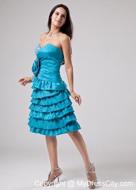 Ruffled Layeres Teal Prom Homecoming Dresses Hand Made Flower