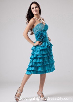 Ruffled Layeres Teal Prom Homecoming Dresses Hand Made Flower