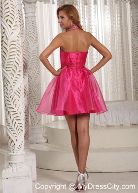 Halter Hot Pink Organza Short Homecoming Cocktail Dress Beading