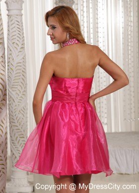 Halter Hot Pink Organza Short Homecoming Cocktail Dress Beading