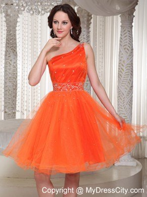 Organza Orange Beaded One Shoulder Short Homecoming Prom Dress