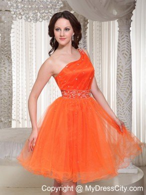 Organza Orange Beaded One Shoulder Short Homecoming Prom Dress