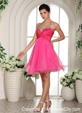 Beaded Halter Hot Pink Homecoming Prom Dresses with Cool Back