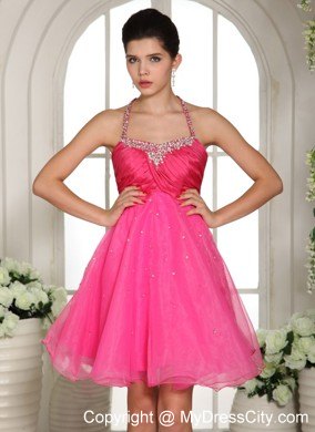 Beaded Halter Hot Pink Homecoming Prom Dresses with Cool Back