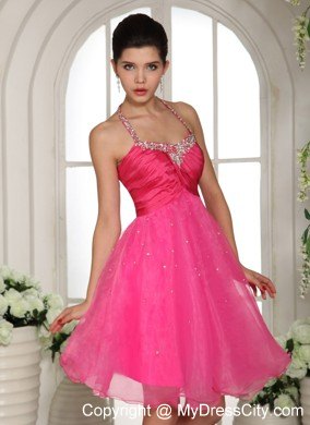 Beaded Halter Hot Pink Homecoming Prom Dresses with Cool Back