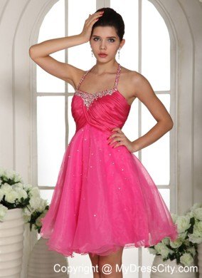 Beaded Halter Hot Pink Homecoming Prom Dresses with Cool Back