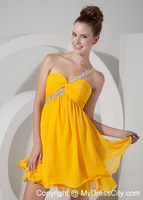 Appliques One Shoulder Yellow Chiffon Beading Homecoming Dress