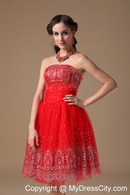 Embroidery Red Short Prom Homecoming Dress with Lace Up Back