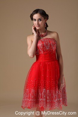 Embroidery Red Short Prom Homecoming Dress with Lace Up Back