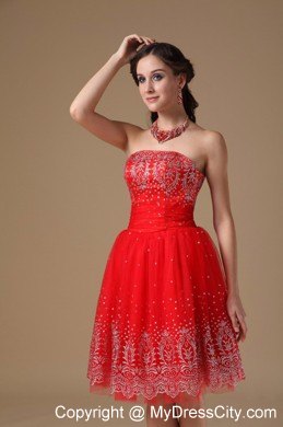 Embroidery Red Short Prom Homecoming Dress with Lace Up Back