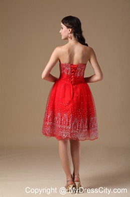 Embroidery Red Short Prom Homecoming Dress with Lace Up Back