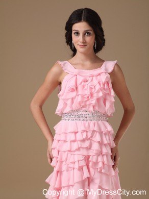 Ruffled Layers Pink Scoop Short Chiffon Beaded Homecoming Dress